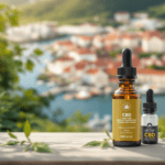 une bouteille de cbd à côté d'une bouteille d'huile de cbd