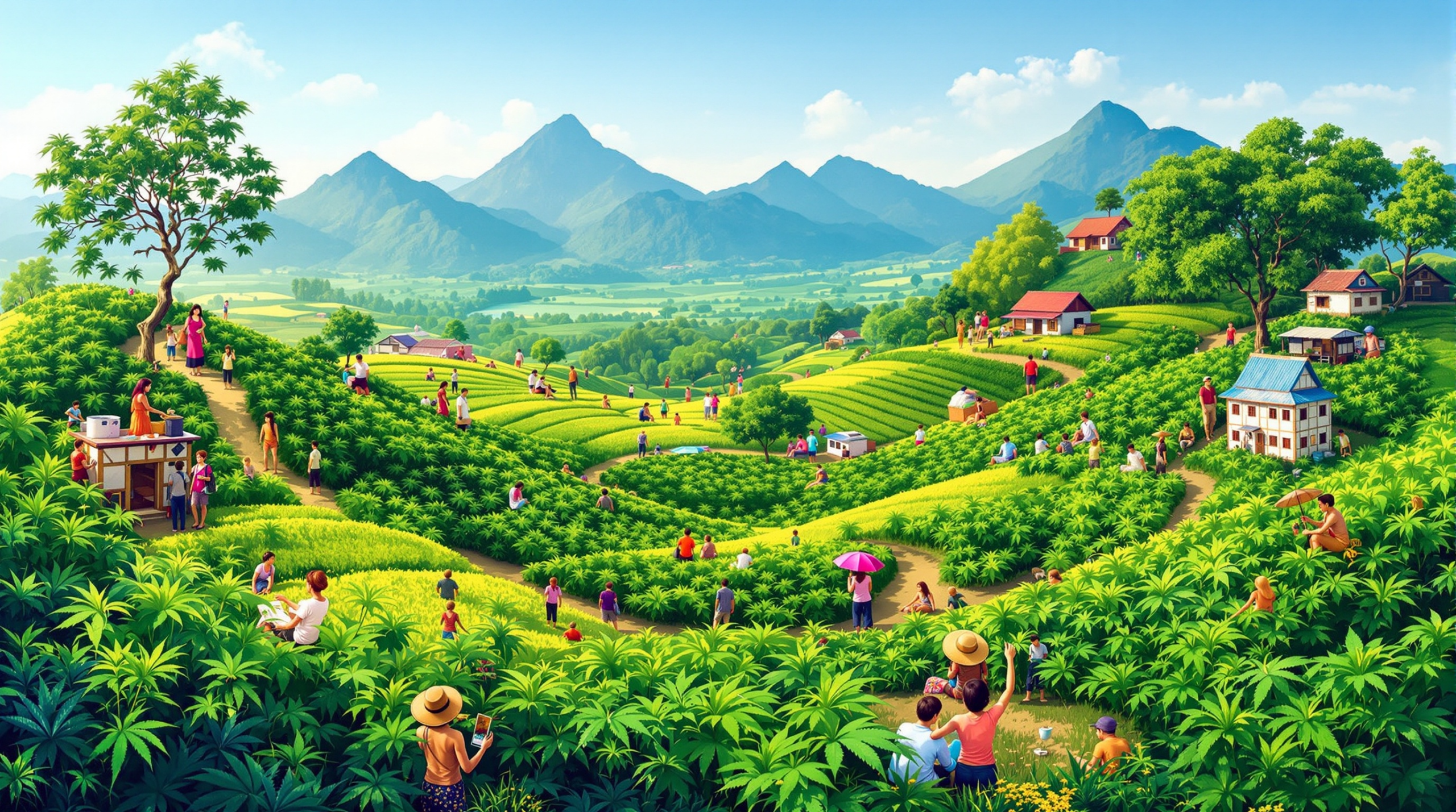 une peinture d'une campagne verdoyante avec des gens dessus