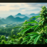 un plant de marijuana avec des montagnes en arrière-plan