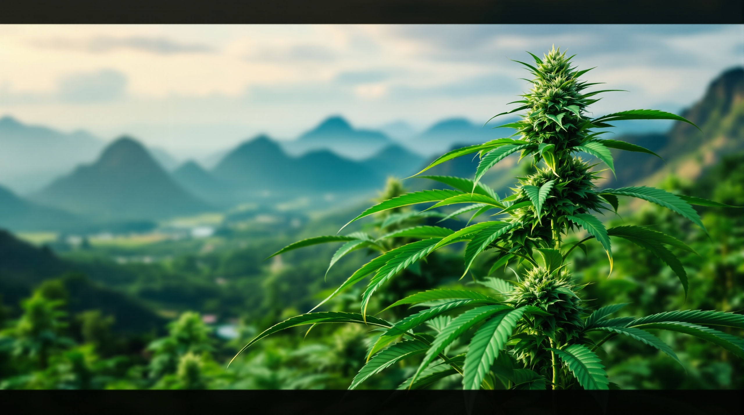 un plant de marijuana avec des montagnes en arrière-plan